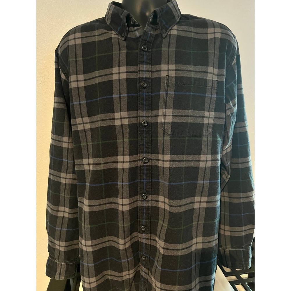 Eddie Bauer Flannel Shirt Mens TL Black Grey Excellent Relaxed Fit Plaid Cotton